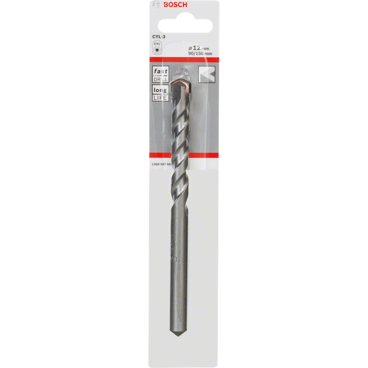 Bosch CYL-3 Carbide-Tipped Drill Bit 12x90x150mm (for fast and precise drilling in concrete and masonry, robust carbide tip for longer life), compatible with rotary and impact drills.