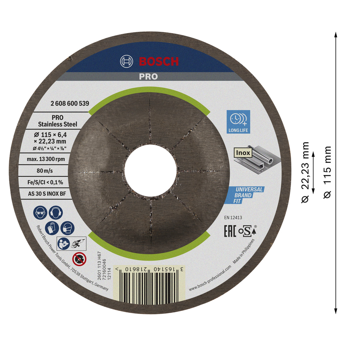 Bosch Grinding Disc Expert for Inox (115x6x22.2mm, For high-performance stainless steel grinding)