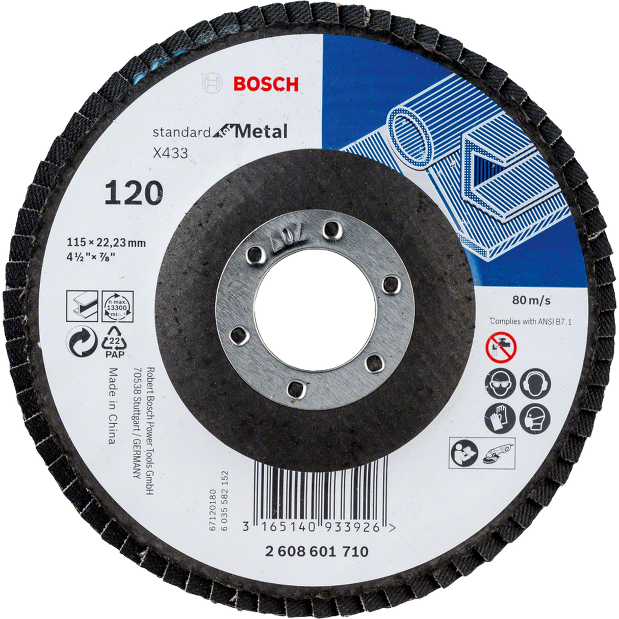 Bosch Standard for Metal Flap Disc X433 (115mm, 22.23mm bore, G120, angled version, glass-fibre backing, resin bond, incl. 1x Flap disc)
