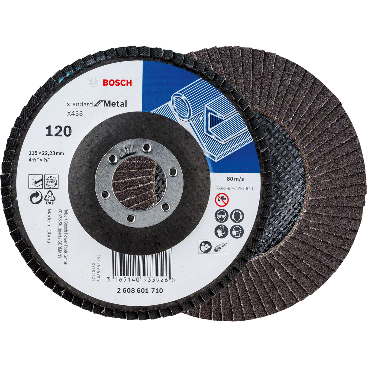 Bosch Standard for Metal Flap Disc X433 (115mm, 22.23mm bore, G120, angled version, glass-fibre backing, resin bond, incl. 1x Flap disc)