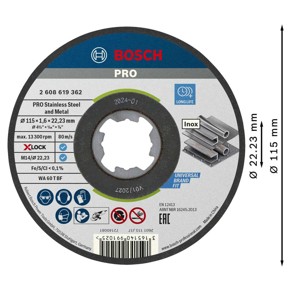 Bosch X-LOCK Standard for Inox Straight Cutting Disc 115x1.6x22.23mm (for reliable, burr-free cuts in stainless steel with the X-LOCK quick-change system), compatible with X-LOCK angle grinders.
