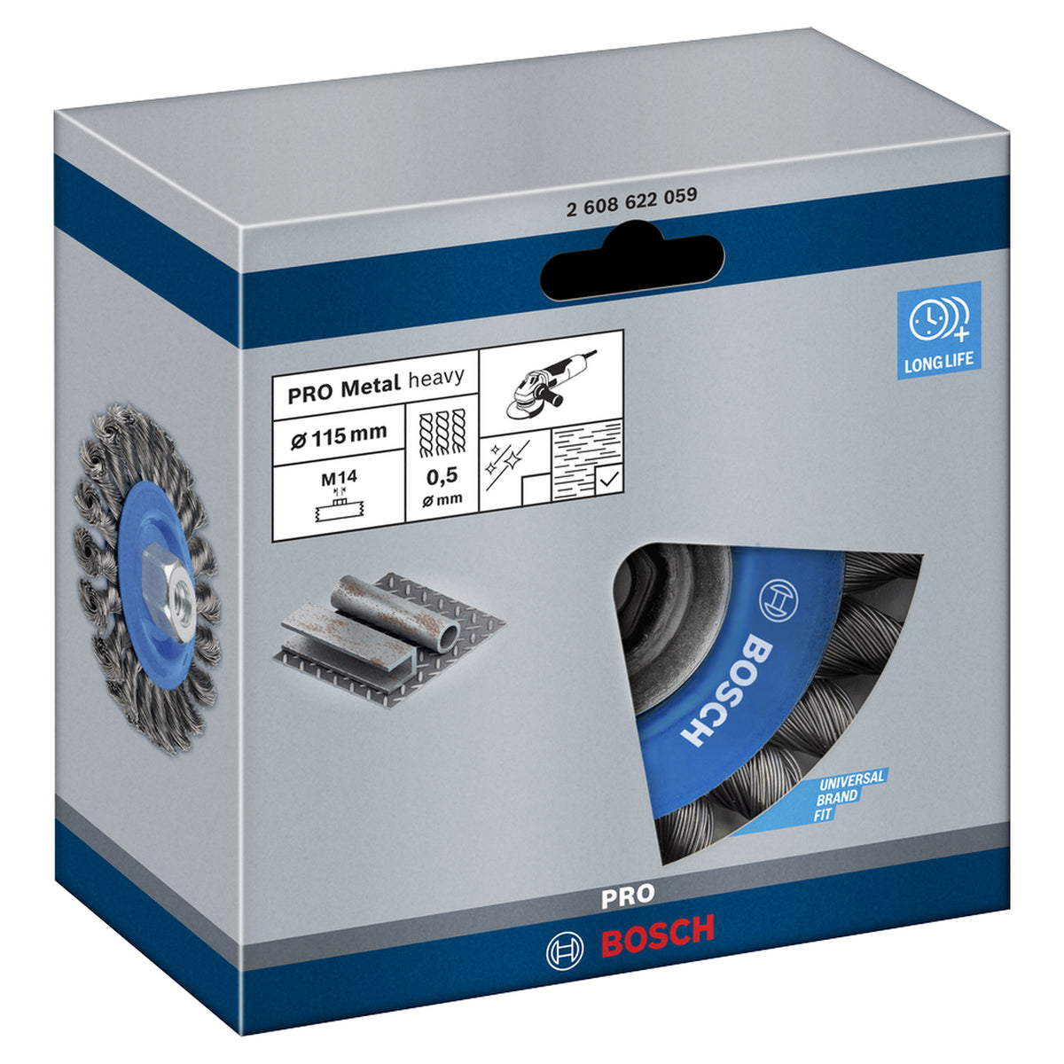 Bosch Heavy for Steel Knotted Wire Wheel 115mm M14 (0.5mm wire for fast removal of rust, scale, and paint from large steel surfaces), compatible with angle grinders.