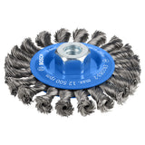 Bosch Heavy for Steel Knotted Wire Wheel 115mm M14 (0.5mm wire for fast removal of rust, scale, and paint from large steel surfaces), compatible with angle grinders.