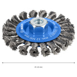 Bosch Heavy for Steel Knotted Wire Wheel 115mm M14 (0.5mm wire for fast removal of rust, scale, and paint from large steel surfaces), compatible with angle grinders.