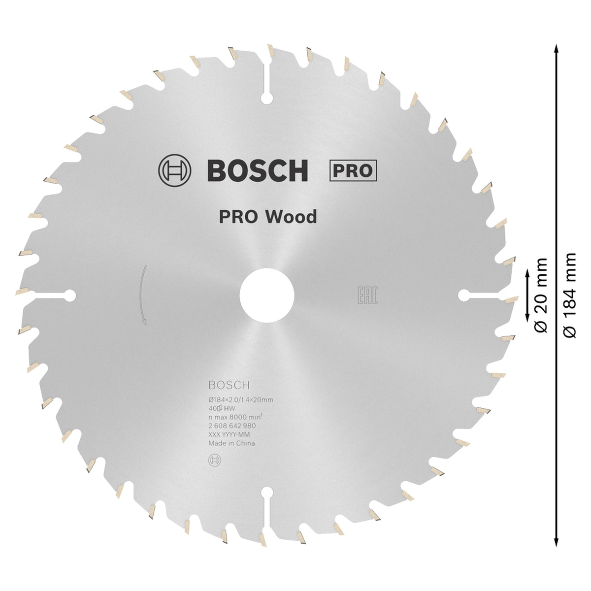 Bosch Circular Saw Blade PRO Wood (184x20mm, 40 teeth, For fast and efficient cuts in wood)