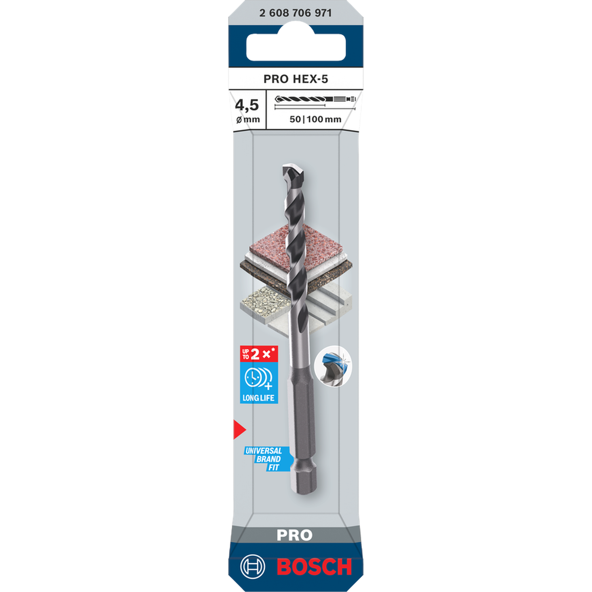 Bosch Professional PRO HEX-5 Drill Bit 4.5x50x100mm (Carbide tip, 1/4" Hex shank, for Concrete/Masonry, Impact rated)