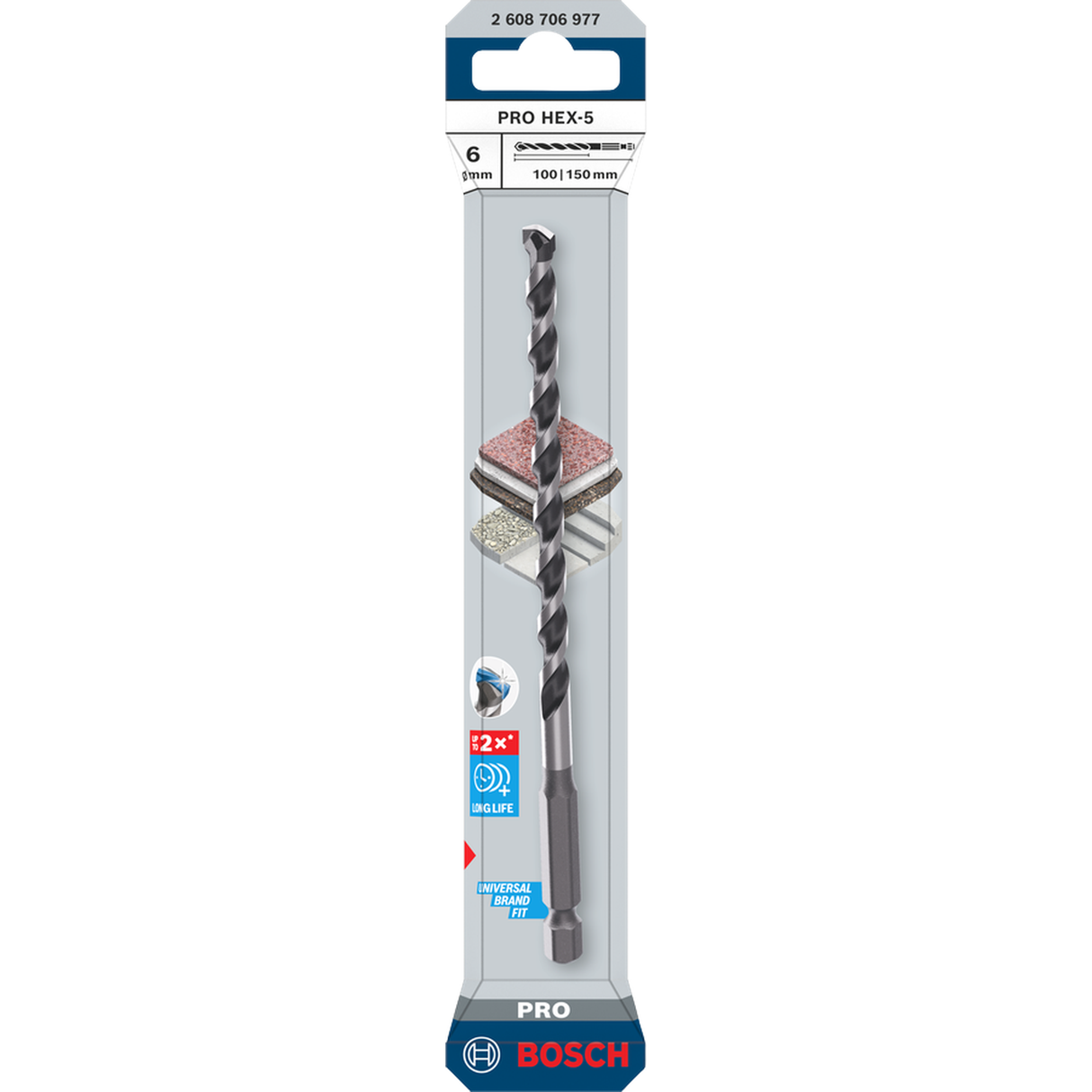  Bosch Professional PRO HEX-5 Drill Bit 6x100x150mm (Carbide tip, 1/4" Hex shank, for Concrete/Masonry, Impact rated, S.o.S - 1x Drill bit)