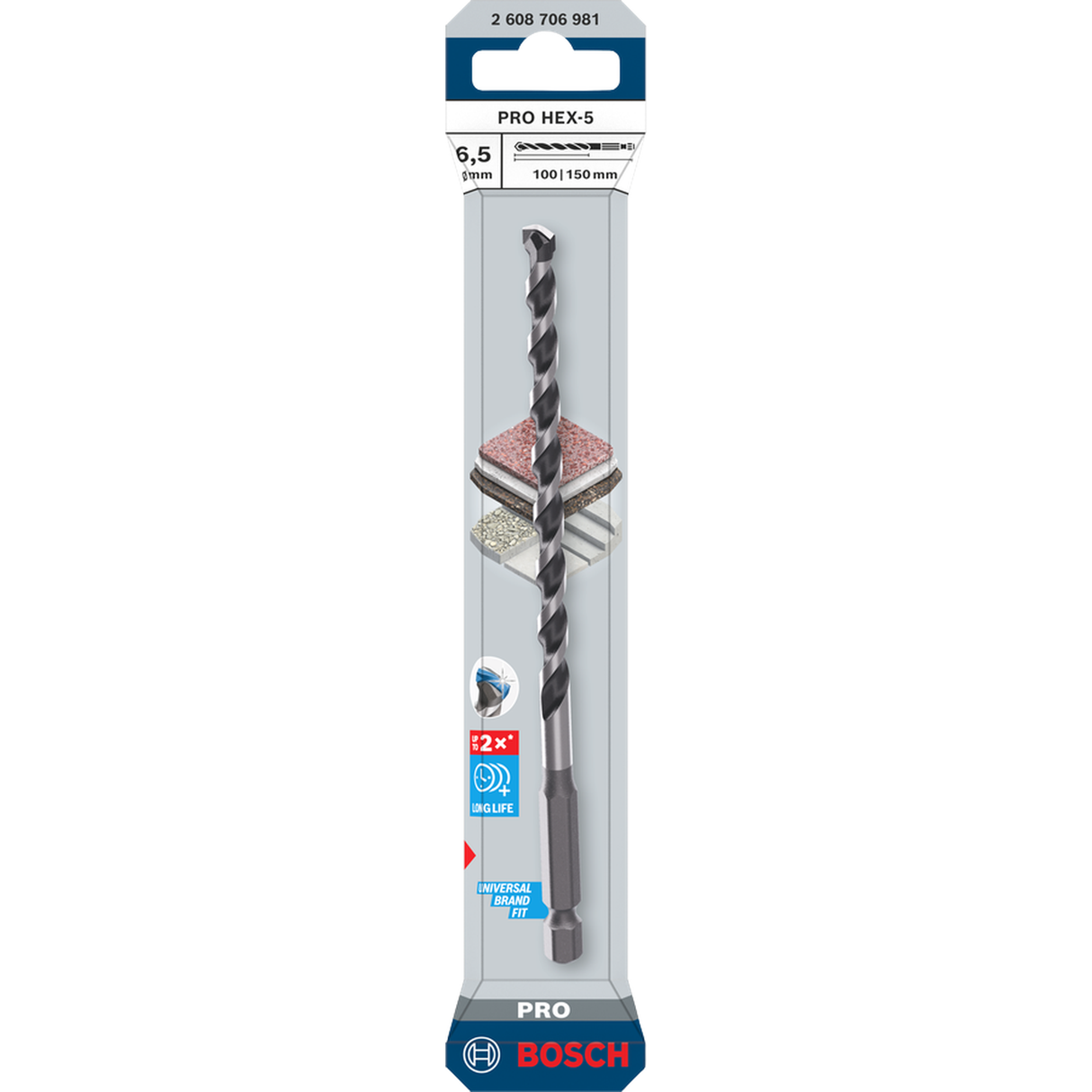 Bosch Professional PRO HEX-5 Drill Bit 6.5x100x150mm (Carbide tip, 1/4" Hex shank, for Concrete/Masonry, Impact rated, S.o.S - 1x Drill bit)