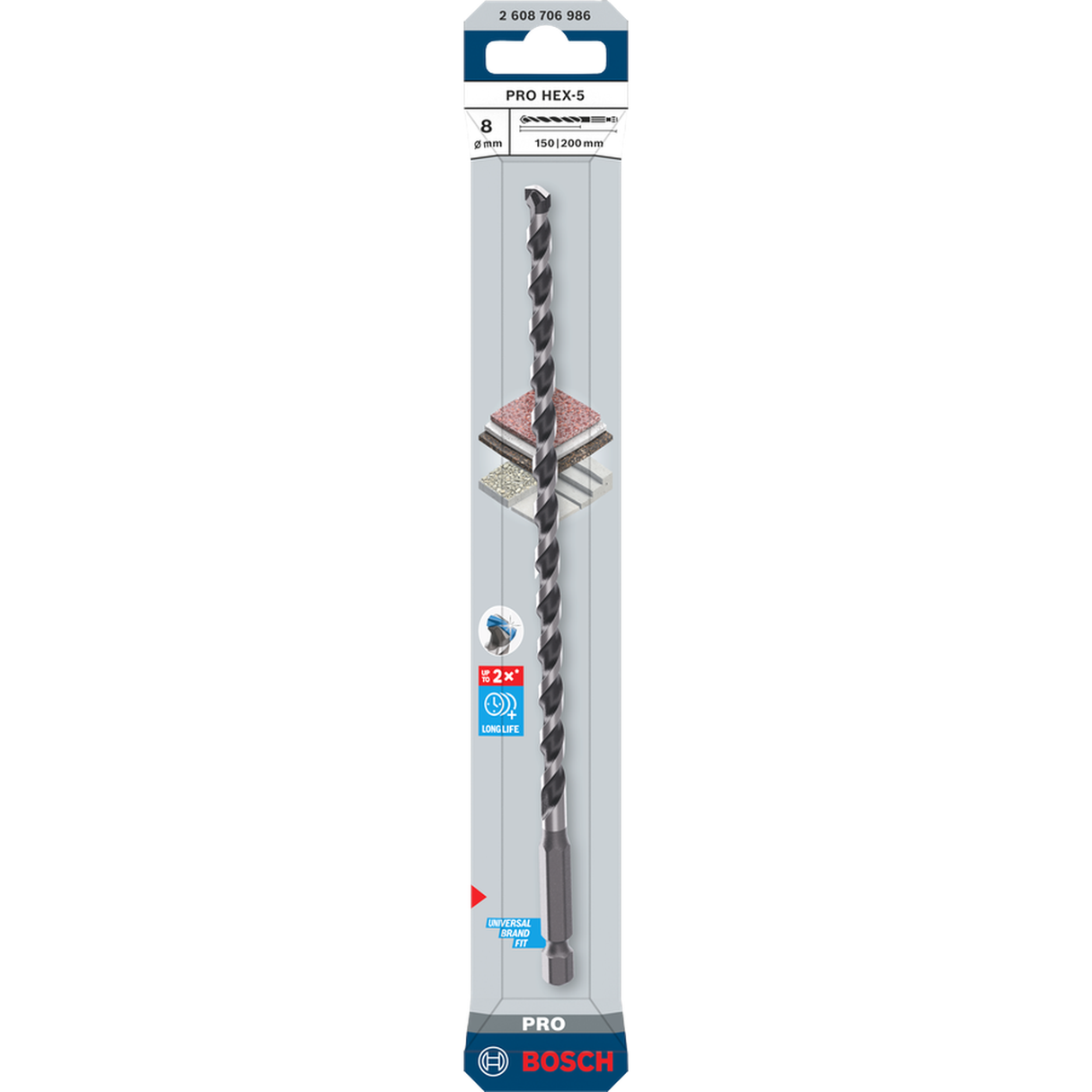  Bosch Professional PRO HEX-5 Concrete Drill Bit 8x150x200mm (Carbide tip, 1/4" Hex shank, for Concrete/Masonry, Impact rated, S.o.S - 1x Drill bit)