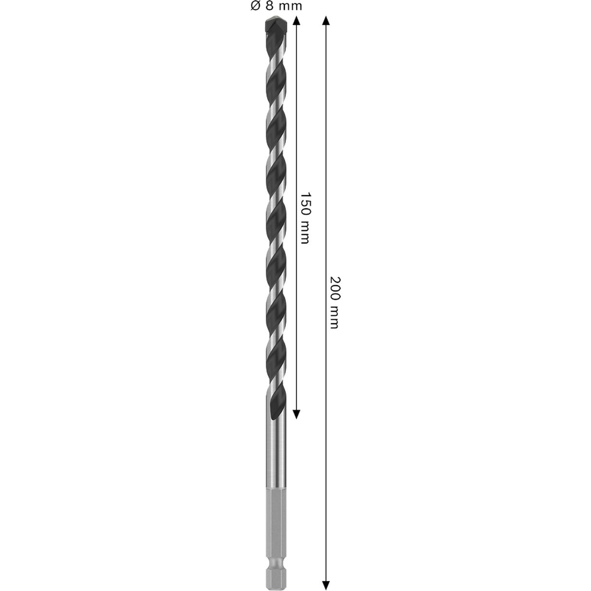  Bosch Professional PRO HEX-5 Concrete Drill Bit 8x150x200mm (Carbide tip, 1/4" Hex shank, for Concrete/Masonry, Impact rated, S.o.S - 1x Drill bit)