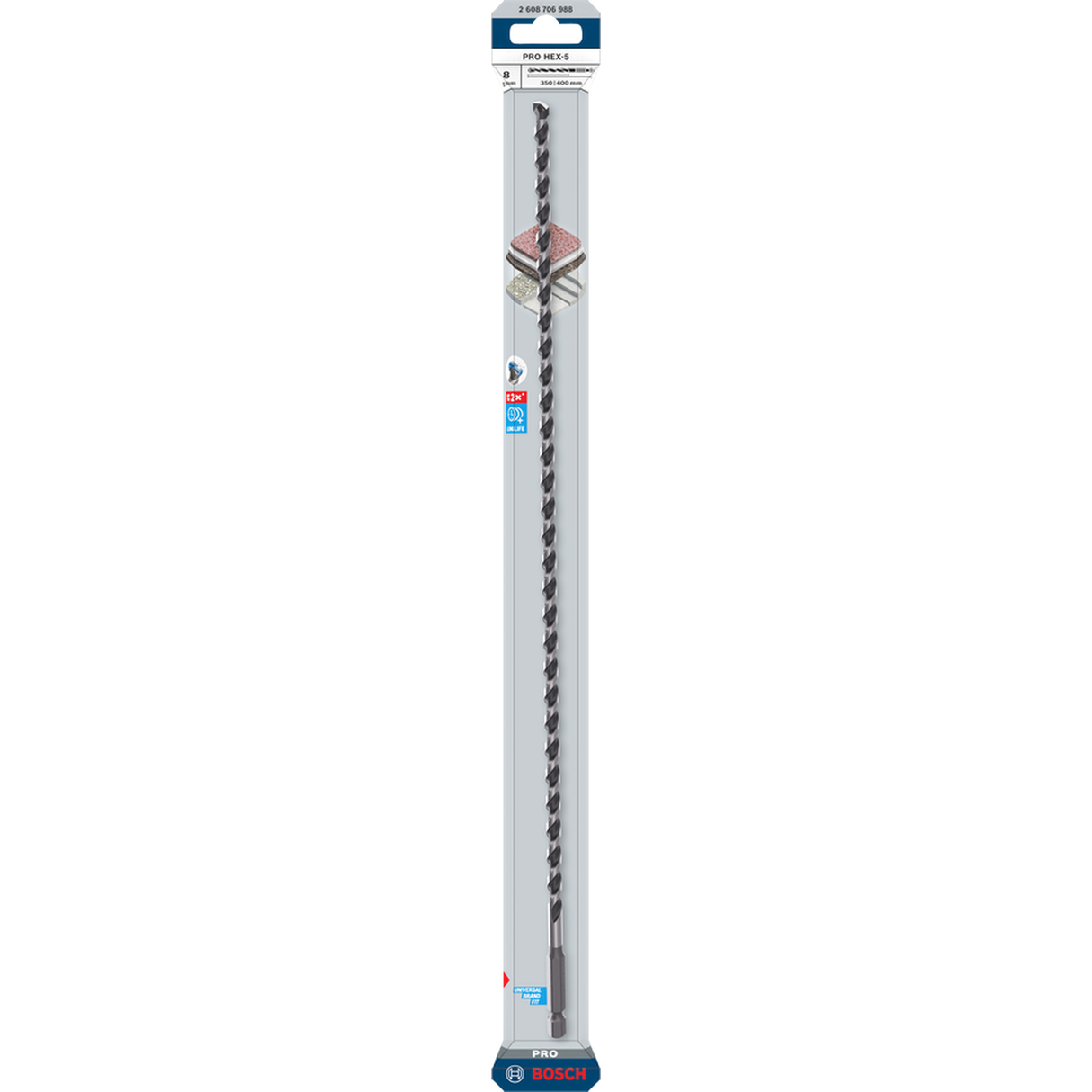  Bosch Professional PRO HEX-5 Concrete Drill Bit 8x350x400mm (Continuous carbide edge, 1/4" Hex shank, for Concrete/Masonry, Impact rated, S.o.S - 1x Drill bit)