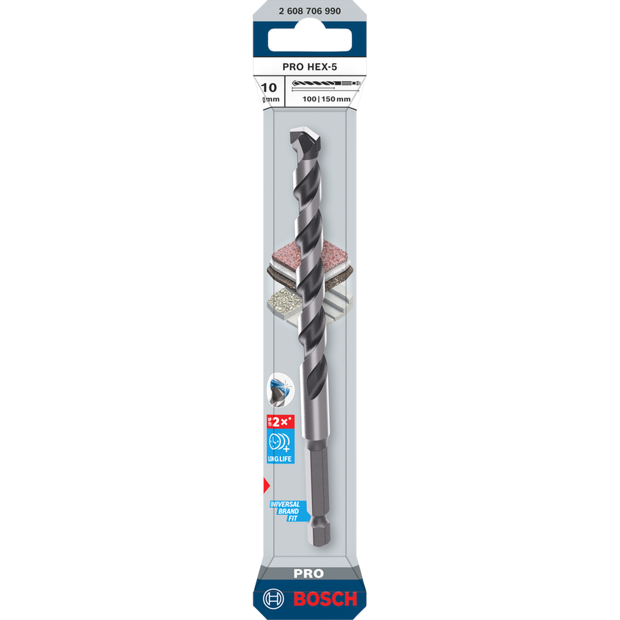 Bosch Professional PRO HEX-5 Concrete Drill Bit 10x100x150mm (Continuous carbide edge, 1/4" Hex shank, for Concrete/Masonry, Impact rated, S.o.S - 1x Drill bit)