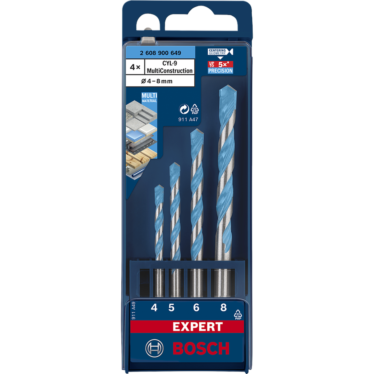 Bosch CYL-9 MultiConstruction Drill Bit Set (4-piece: 4/5/6/8mm, For various materials: tile, wood, metal, masonry)