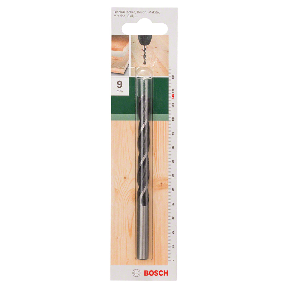 Bosch Brad Point Drill Bit 9x116mm (for precise and splinter-free drilling in softwood and hardwood, features a centring tip for accurate starts), compatible with rotary drills.