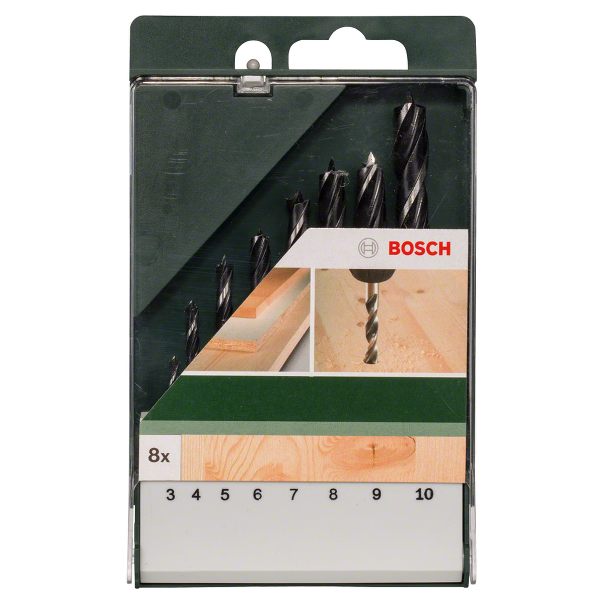 Bosch Wood Drill Bit Set 3/4/5/6/7/8/9/10mm 8pcs (a comprehensive set for general drilling tasks in wood, includes a wide range of popular sizes for versatility), compatible with rotary drills.