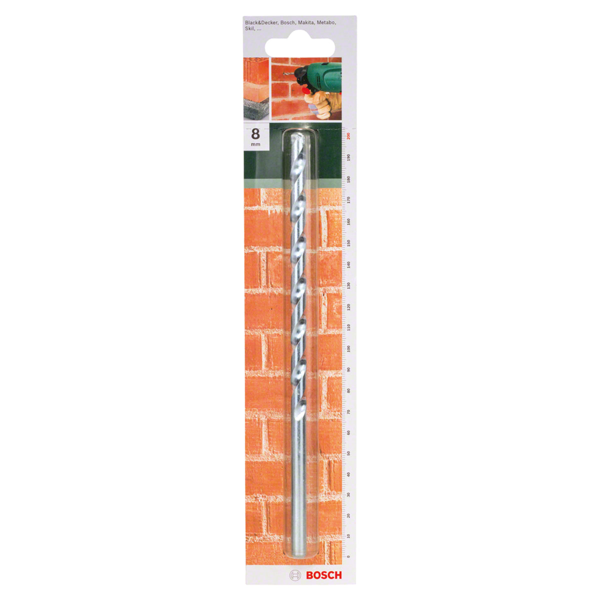 Bosch CYL-1 Masonry Drill Bit 8x150x200mm (for standard drilling in brick, stone, and concrete, robust carbide tip for reliable performance, extended length for deeper holes), compatible with rotary and impact drills.