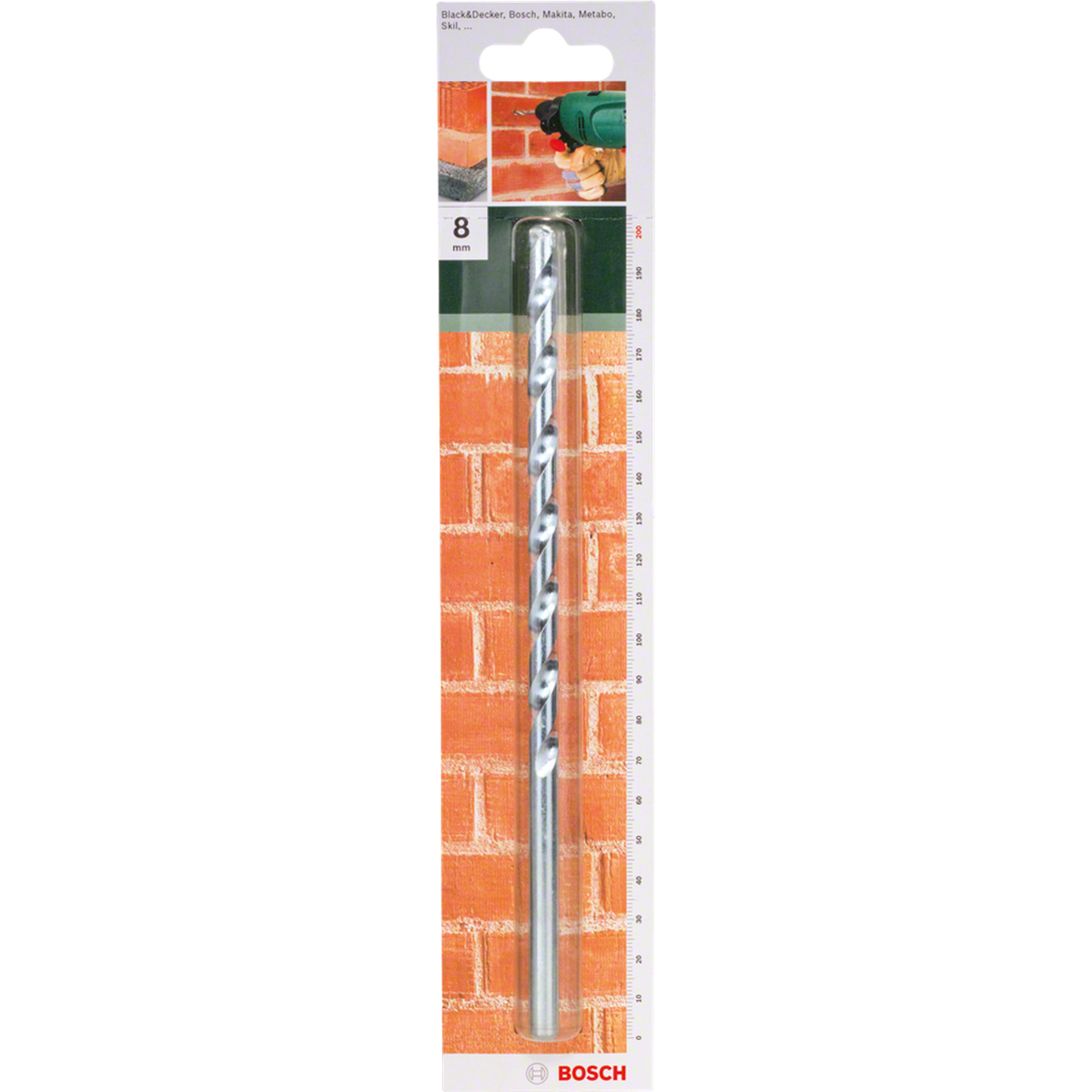 Bosch CYL-1 Masonry Drill Bit 8x150x200mm (for standard drilling in brick, stone, and concrete, robust carbide tip for reliable performance, extended length for deeper holes), compatible with rotary and impact drills.