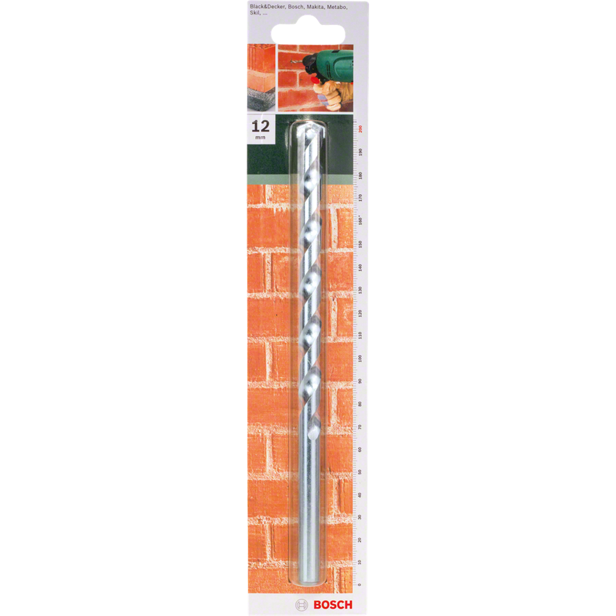 Bosch CYL-1 Masonry Drill Bit 12x150x200mm (for standard drilling in brick, stone, and concrete, robust carbide tip for reliable performance, extended length for deeper holes), compatible with rotary and impact drills.
