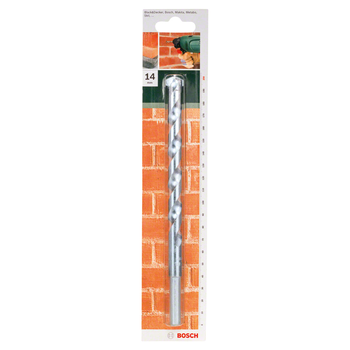 Bosch CYL-1 Masonry Drill Bit 14x150x200mm (for standard drilling in brick, stone, and concrete, robust carbide tip for reliable performance, extended length for deeper holes), compatible with rotary and impact drills.
