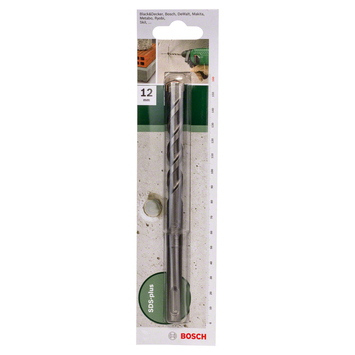 Bosch SDS Plus-1 Drill Bit 12x160mm (for concrete and masonry, robust carbide tip for extended life, optimized flute design for efficient dust removal and faster drilling), compatible with SDS Plus hammer drills.