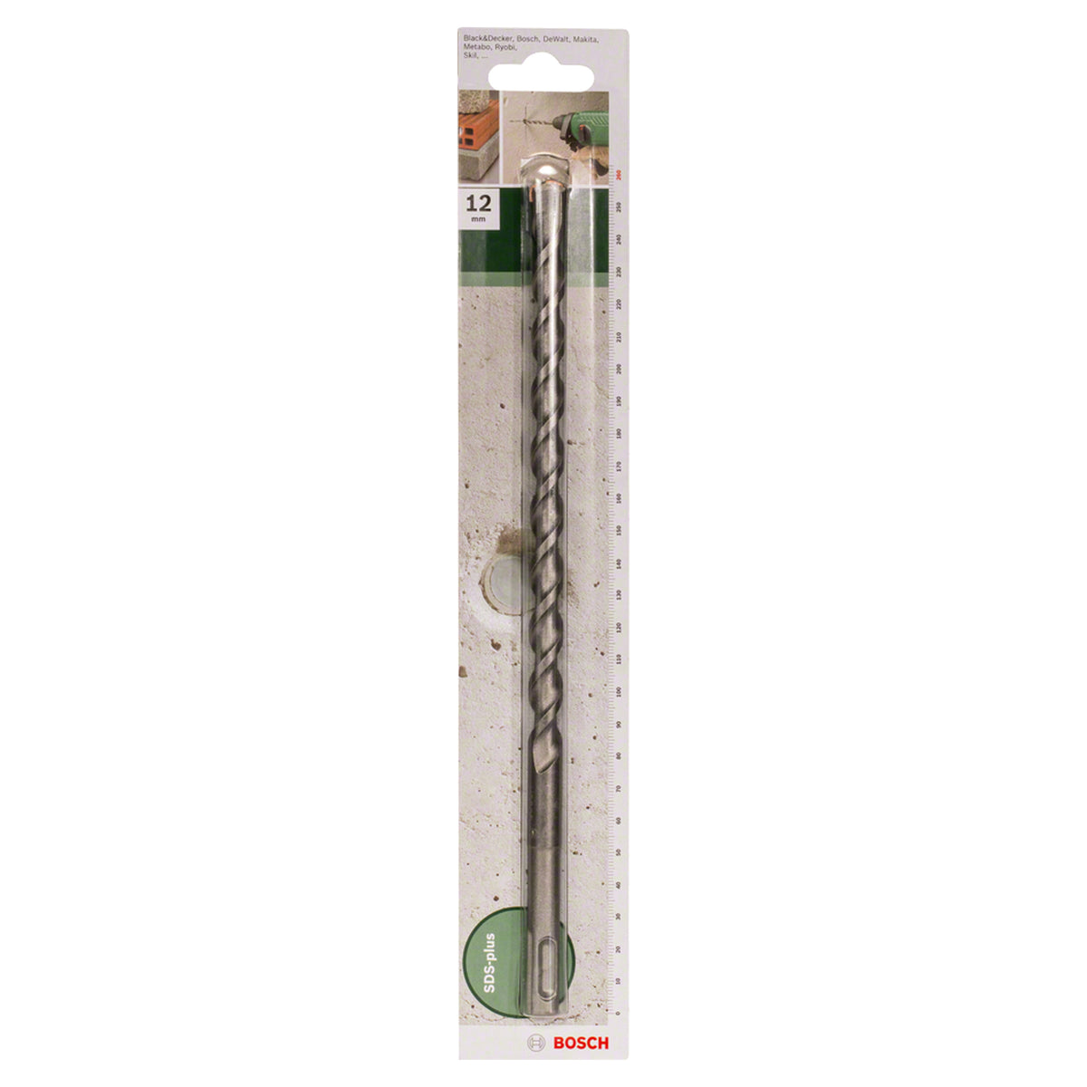 Bosch SDS Plus-1 Drill Bit 12x260mm (for concrete and masonry, robust carbide tip for extended life, optimized flute design for efficient dust removal and faster drilling), compatible with SDS Plus hammer drills.