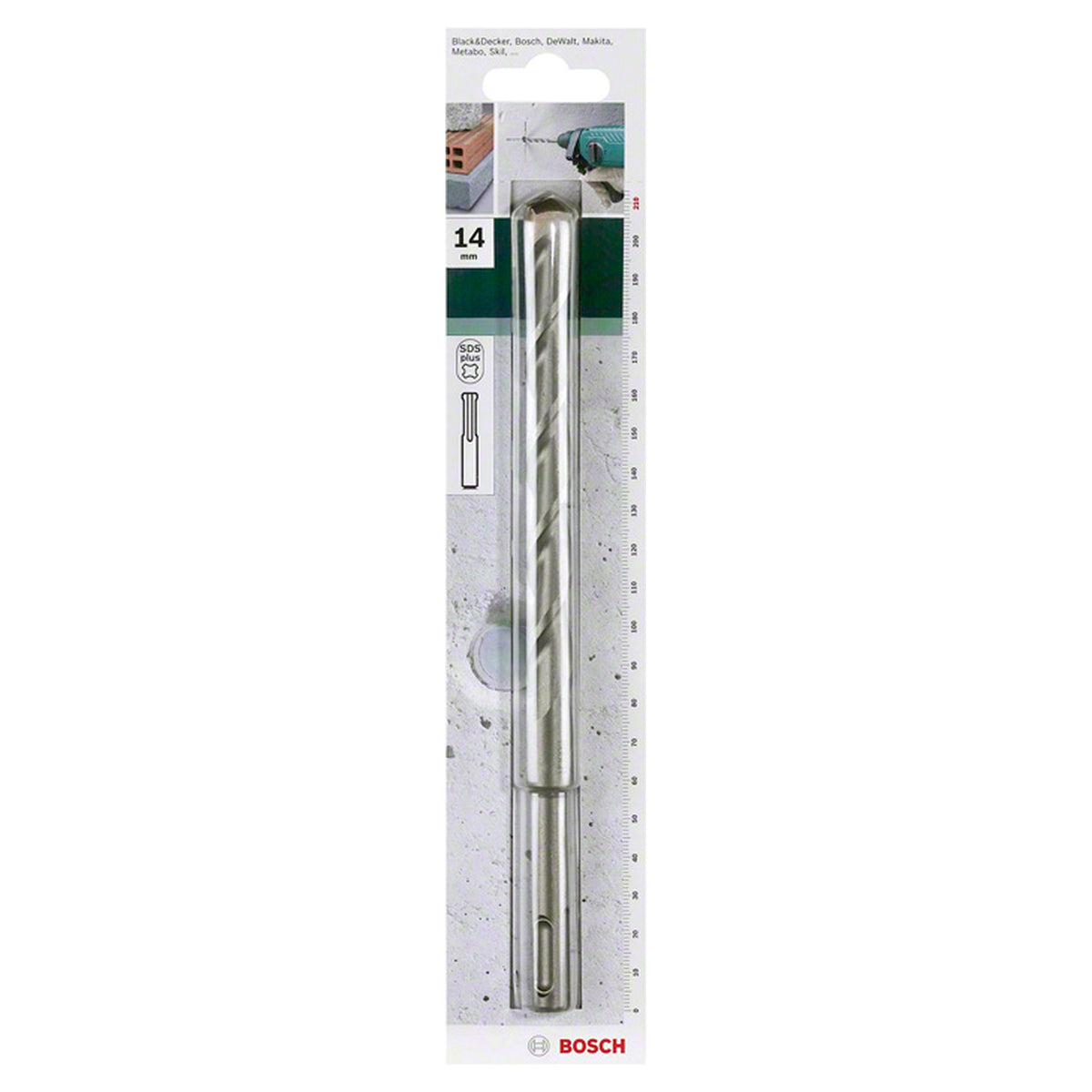 Bosch SDS Plus-1 Drill Bit 14x210mm (for concrete and masonry, robust carbide tip for extended life, optimized flute design for efficient dust removal and faster drilling), compatible with SDS Plus hammer drills.