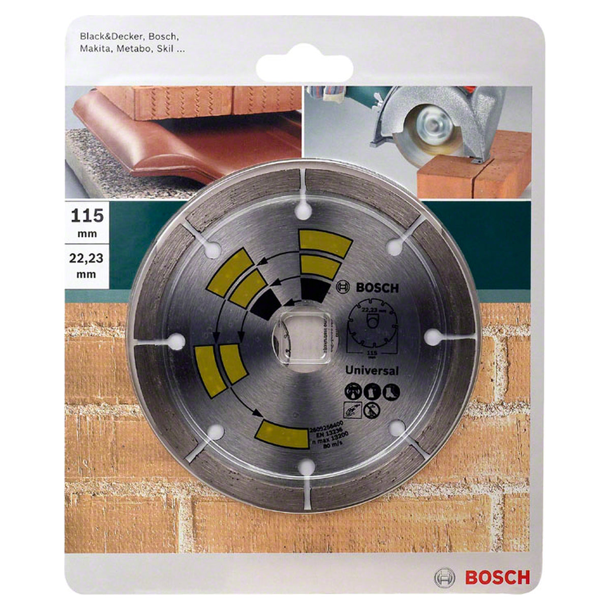Bosch Diamond Disc Universal All-Purpose 115x22.23mm (for general purpose cutting in various construction materials, robust diamond segments for balanced performance and durability), compatible with angle grinders.