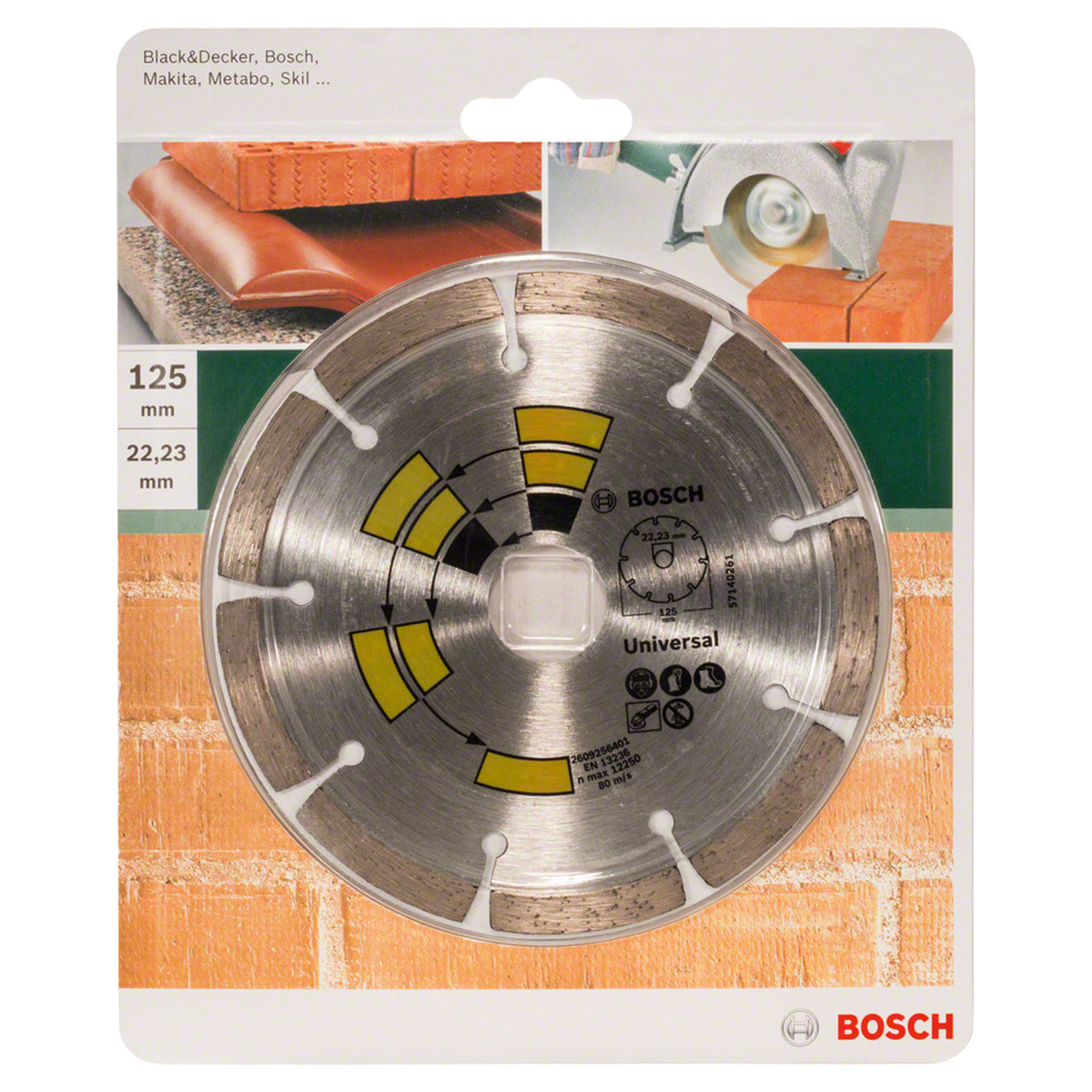 Bosch Diamond Disc Universal All-Purpose 125x22.23mm (for general purpose cutting in various construction materials, robust diamond segments for balanced performance and durability), compatible with angle grinders.