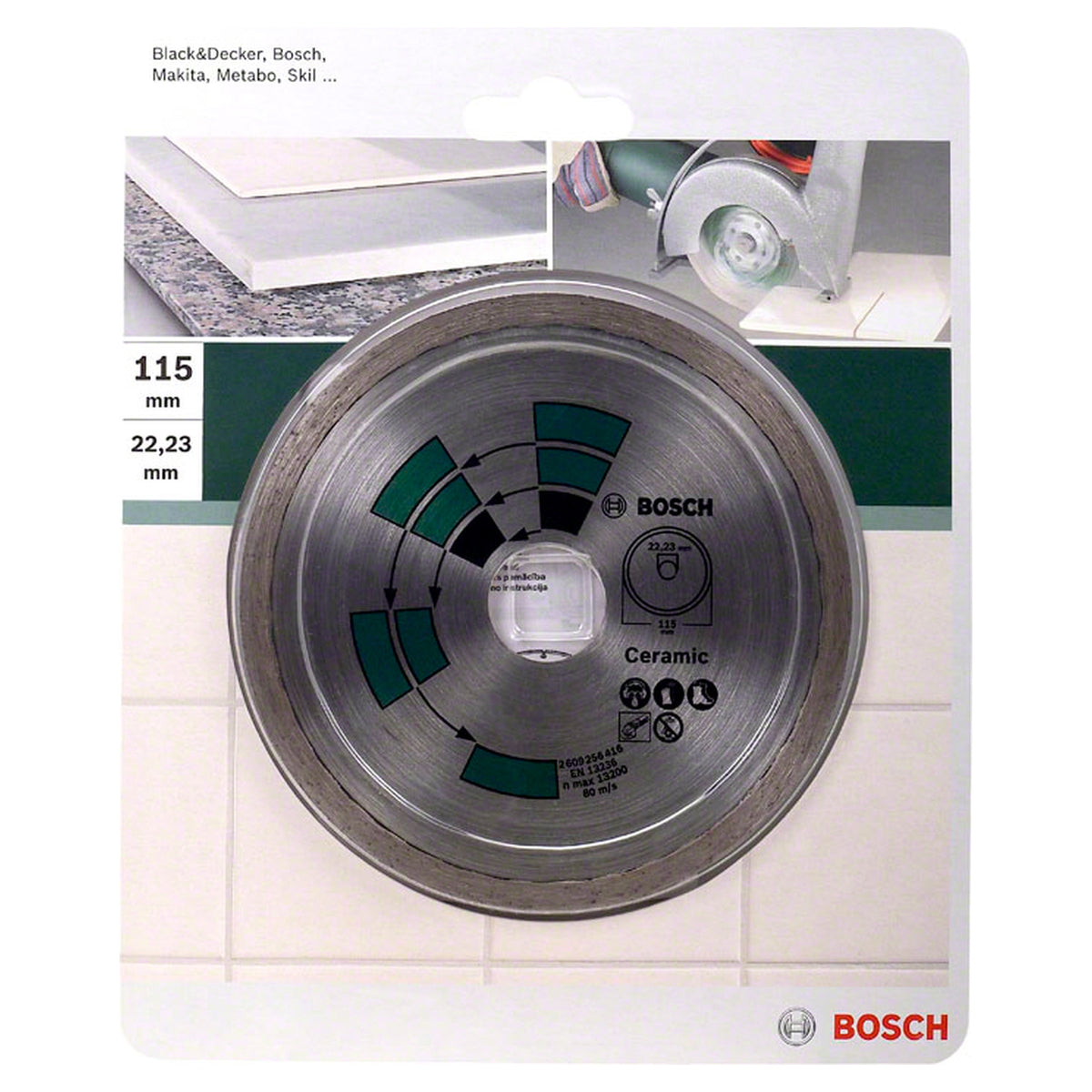 Bosch Diamond Disc for Tile 115x22.23mm (for clean and precise cuts in all types of tiles, continuous rim for chip-free edges and smooth finish), compatible with angle grinders.