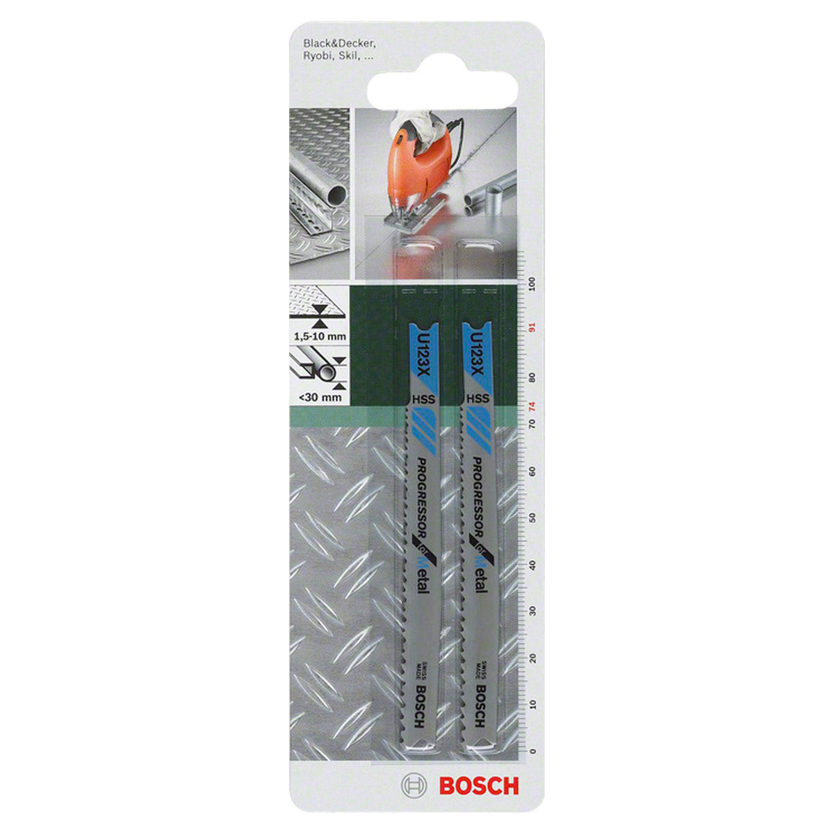 Bosch Jigsaw blade Set U123X Progressor for Metal 2pcs (progressive tooth design for fast and powerful cuts in various metal thicknesses, U-shank for secure fit), compatible with jigsaws.