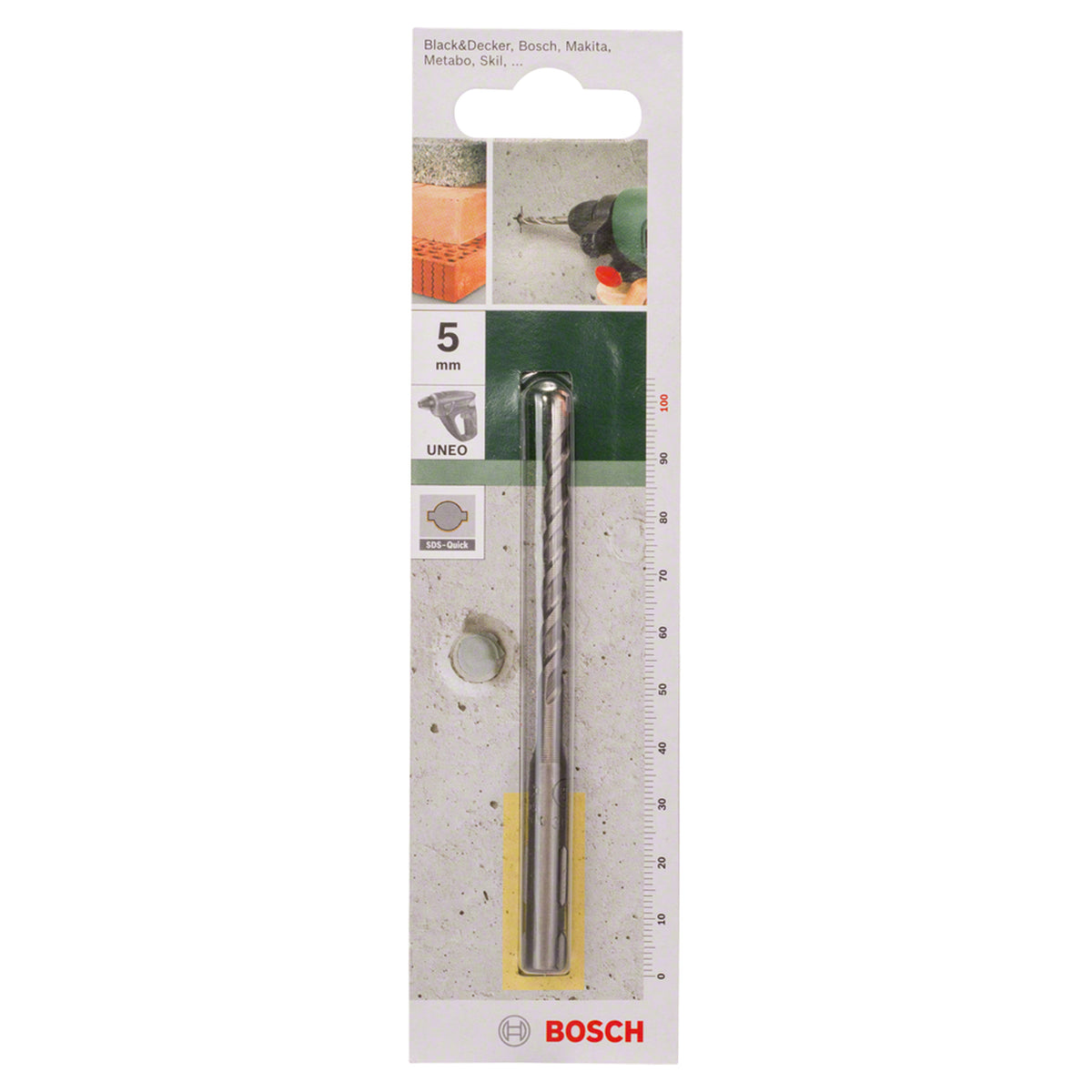 Bosch SDSQuick Concrete Drill Bit for Uneo 5x55x100mm (for efficient drilling in concrete, masonry, and stone, designed for fast and easy bit changes in SDSQuick chucks), compatible with Bosch Uneo and similar tools.