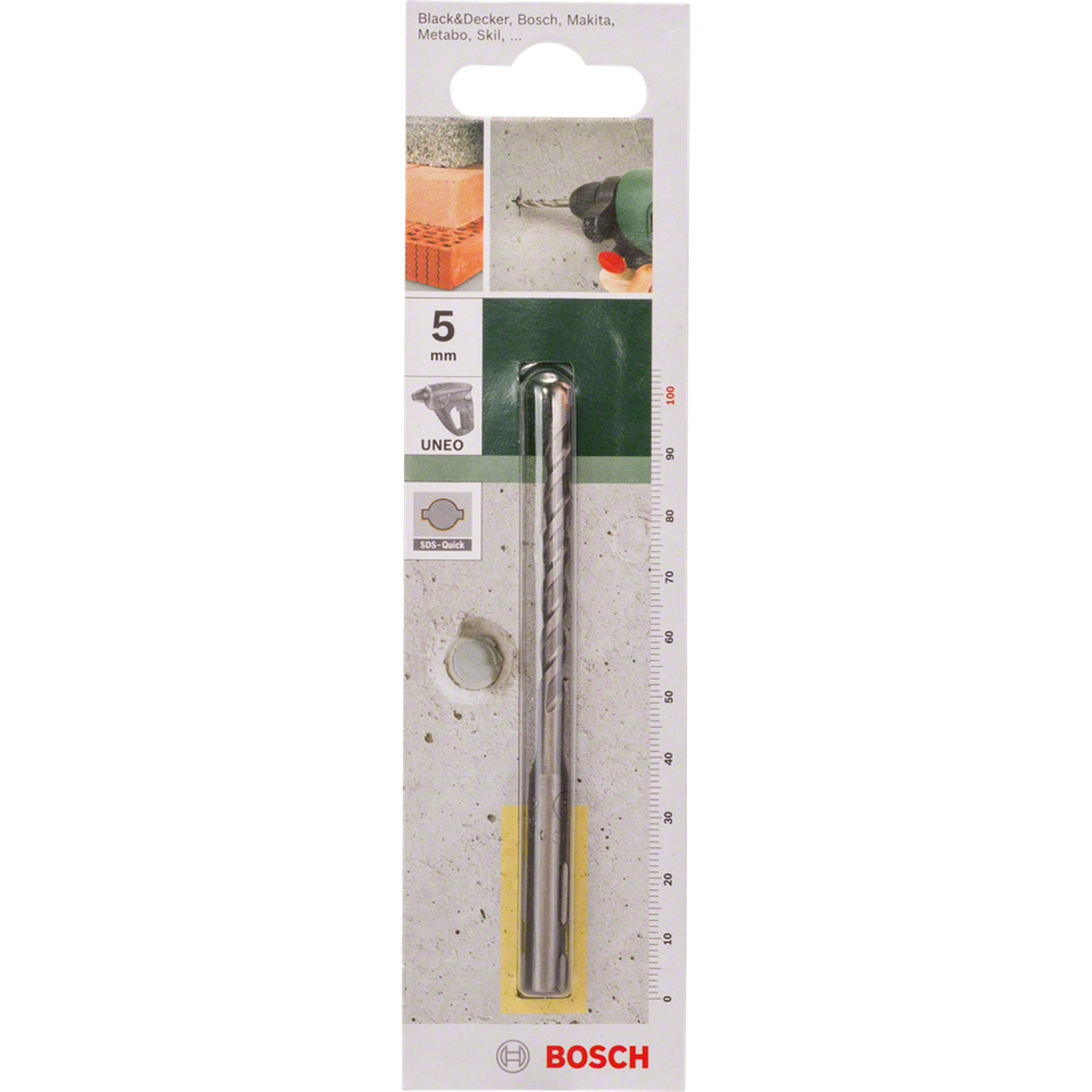Bosch SDSQuick Concrete Drill Bit for Uneo 5x55x100mm (for efficient drilling in concrete, masonry, and stone, designed for fast and easy bit changes in SDSQuick chucks), compatible with Bosch Uneo and similar tools.