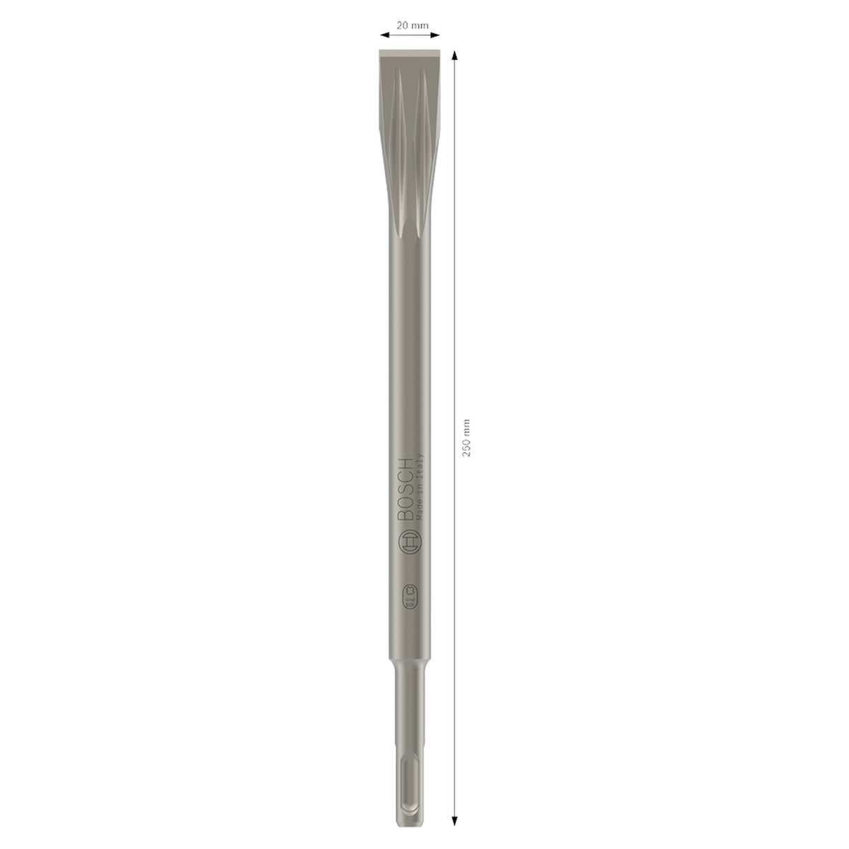 Bosch Flat Chisel SDS Plus 250x20mm (for standard chiselling applications in concrete and masonry, robust design for efficient material removal), compatible with SDS Plus hammer drills.