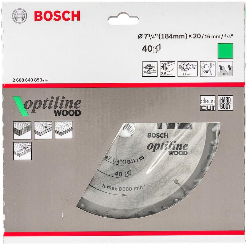 بوش قرص منشار دائري Optiline للخشب (H، مقاس 184x20 ملم، 40 سن، لقطع سريع في الخشب)