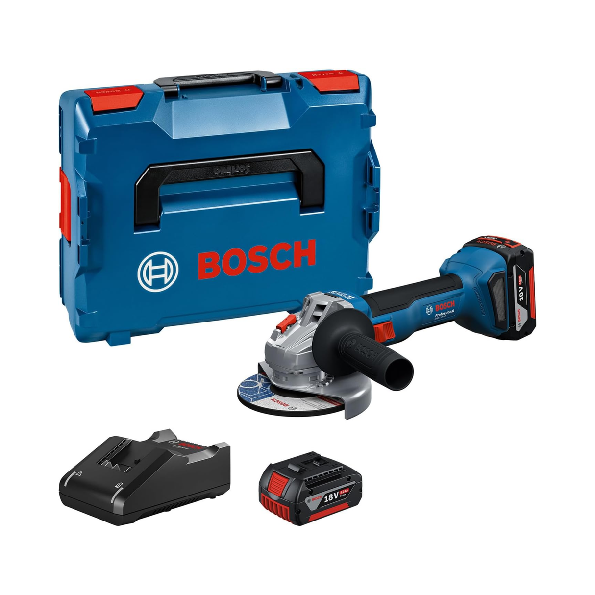 Bosch Professional 18V System Cordless Angle Grinder GWS 18V-8 (Disc Diameter 115mm, incl. 2X GBA 4.0Ah Batteries, GAL 18V-40 Charger, L-BOXX)