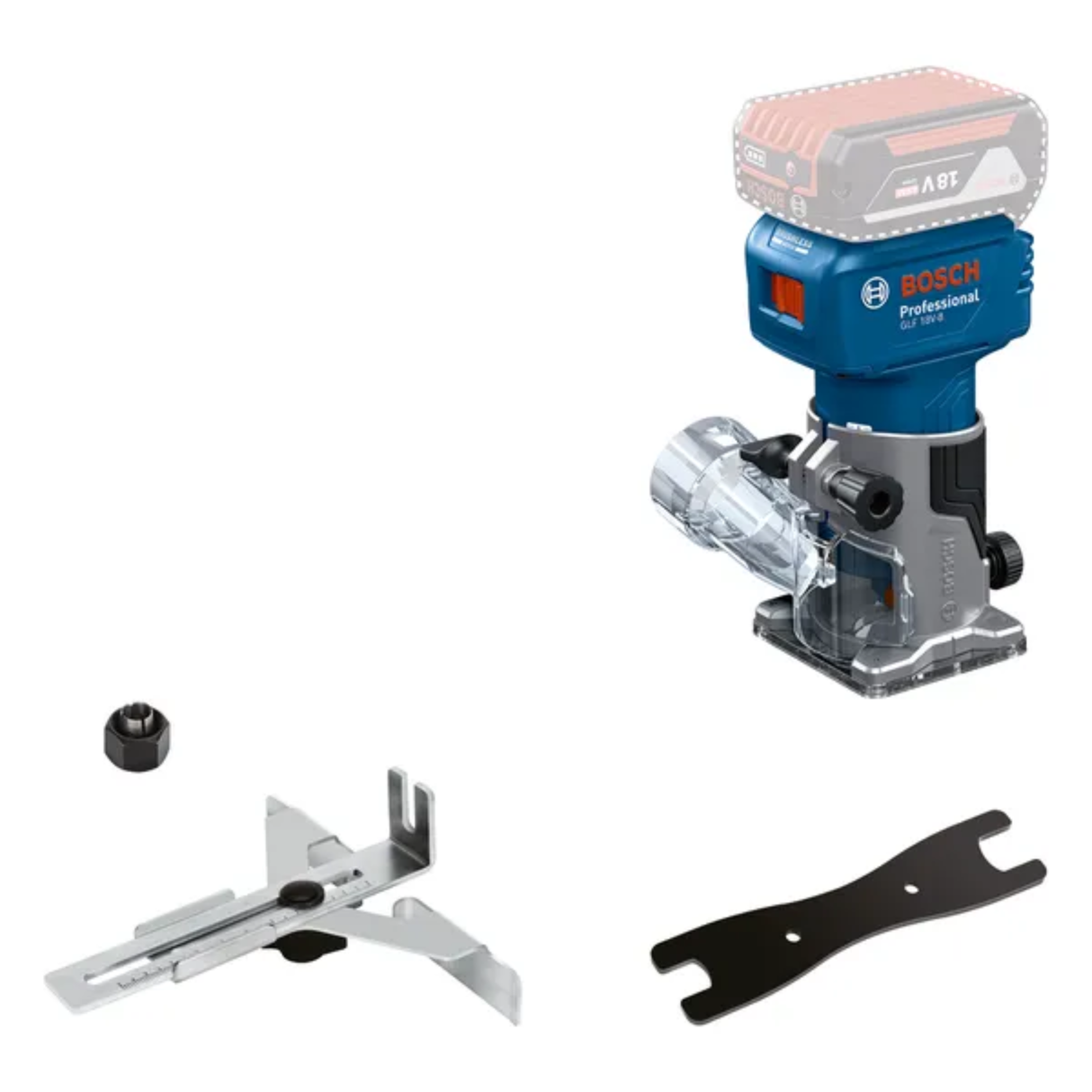 Bosch Professional 18V System Cordless Router GLF 18V-8 (incl. Parallel Guide, Surface Routing vac Adaptor, Edge Routing vac Adaptor, 8 mm Collet, Wrench, Without Battery/Charger)