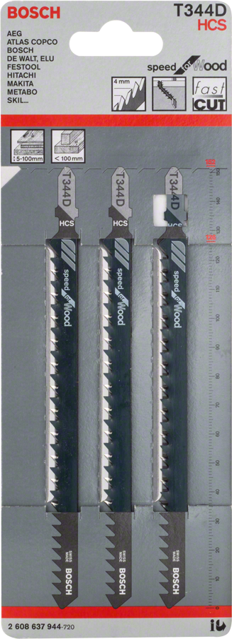 Bosch Jigsaw Blades T 344D Speed for Wood (RB, 3-piece set, For fast cutting in thick wood)
