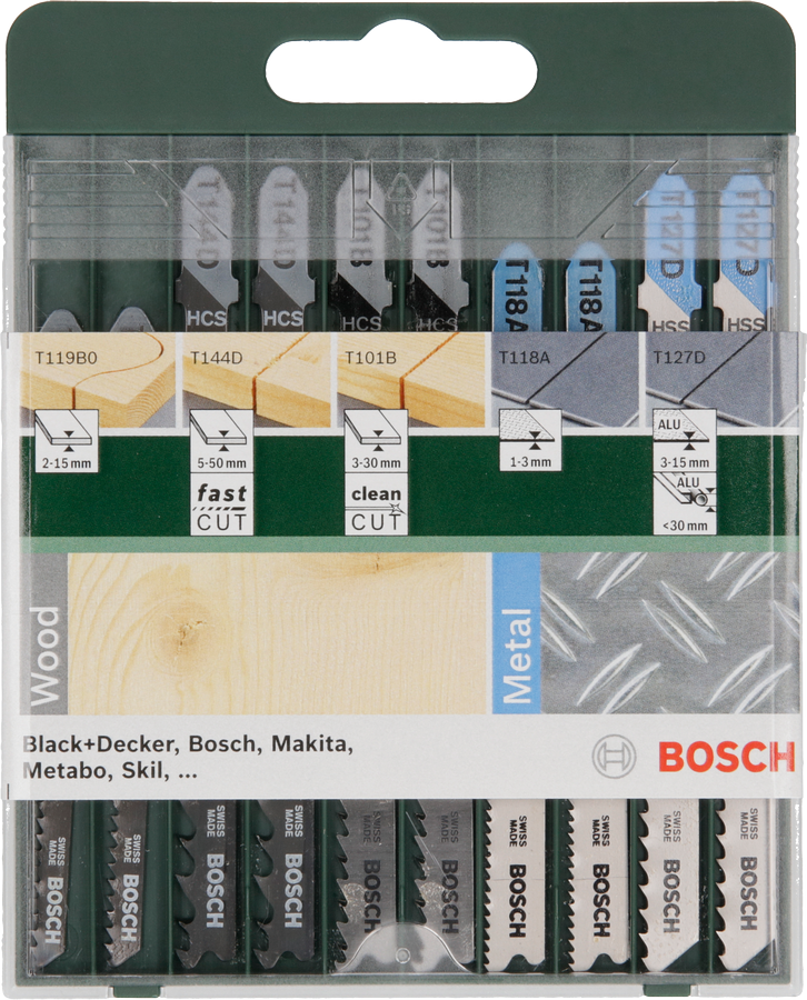 Bosch JSB Set for Wood/Metal/Aluminium 10pcs (a comprehensive multi-material set for cutting wood, metal, and aluminium, suitable for various cutting tasks), compatible with jigsaws.