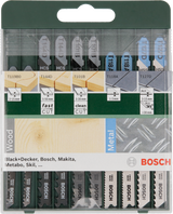 Bosch JSB Set for Wood/Metal/Aluminium 10pcs (a comprehensive multi-material set for cutting wood, metal, and aluminium, suitable for various cutting tasks), compatible with jigsaws.