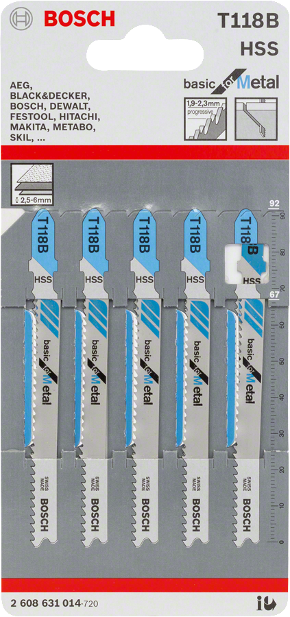 Bosch Jigsaw Blades T 118B Basic for Metal (92mm, 5-piece set, For straight cuts in metal)