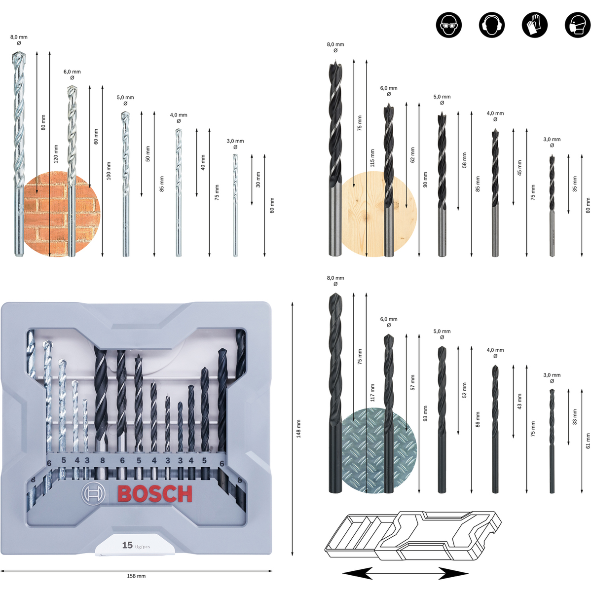Bosch Mixed Drill Bit Set 15pcs (versatile set of drill bits for wood, metal, and masonry, includes high-quality bits for various applications), organized in a compact plastic case.