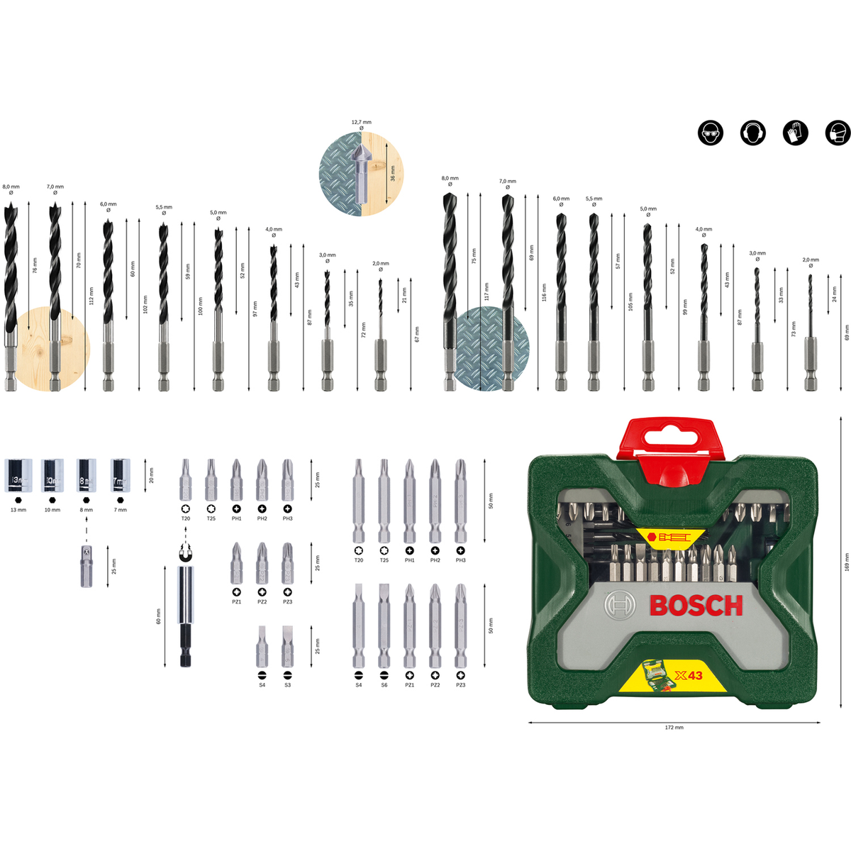 Bosch X-Line 43-Piece Screwdriver Bit Set (HEX shank, for various screws, incl. magnetic universal holder, storage case)