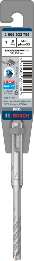 Bosch SDS-Plus-5X Hammer Drill Bit (7x50/110mm, For reinforced concrete and masonry)