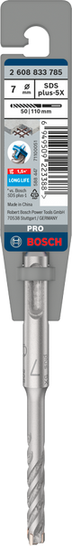 Bosch SDS-Plus-5X Hammer Drill Bit (7x50/110mm, For reinforced concrete and masonry)