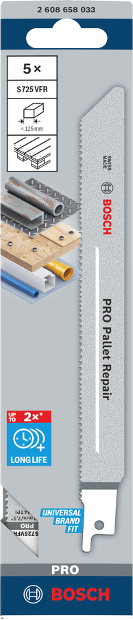 Bosch RSB BIM Special for Pallet Repair S725VFR 5pcs (a 5-pack of specialized reciprocating saw blades for pallet repair, designed for cutting wood and nails with high durability), compatible with reciprocating saws.