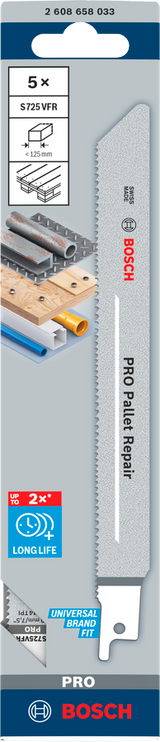 Bosch RSB BIM Special for Pallet Repair S725VFR 5pcs (a 5-pack of specialized reciprocating saw blades for pallet repair, designed for cutting wood and nails with high durability), compatible with reciprocating saws.
