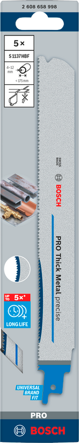 Bosch PROTHICKMETAL PRECISE S1137HBF BLADE 5PC (for precise and strong cuts in thick metal, high-quality material for enhanced durability and performance, bulk pack for continuous use), compatible with jigsaws.