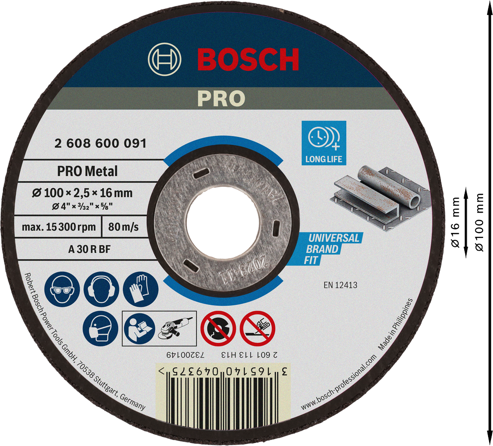 Bosch Cutting Disc Standard for Metal (Flat, 100x2.5x16mm, For general metal cutting applications)