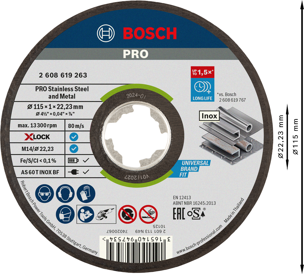 Bosch X-LOCK Expert for Metal & Inox Straight Cutting Disc 115x1x22.23mm (one high-performance disc for extremely fast cuts in both steel and stainless steel, with the X-LOCK system), compatible with X-LOCK angle grinders.