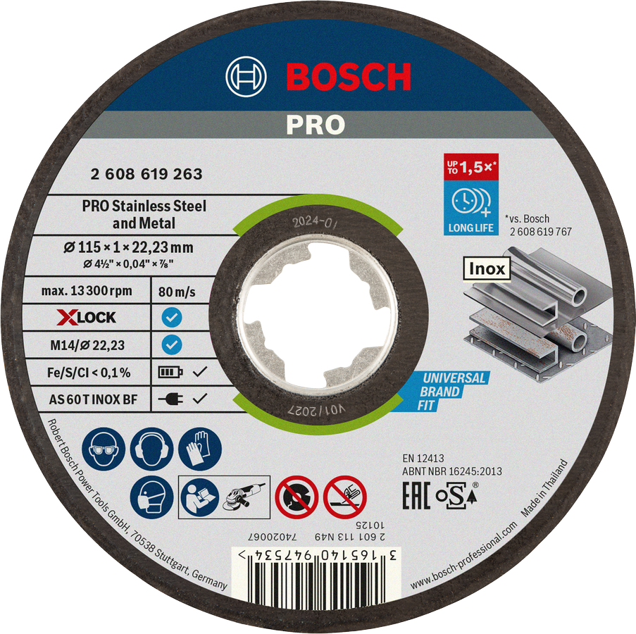 Bosch X-LOCK Expert for Metal & Inox Straight Cutting Disc 115x1x22.23mm (one high-performance disc for extremely fast cuts in both steel and stainless steel, with the X-LOCK system), compatible with X-LOCK angle grinders.